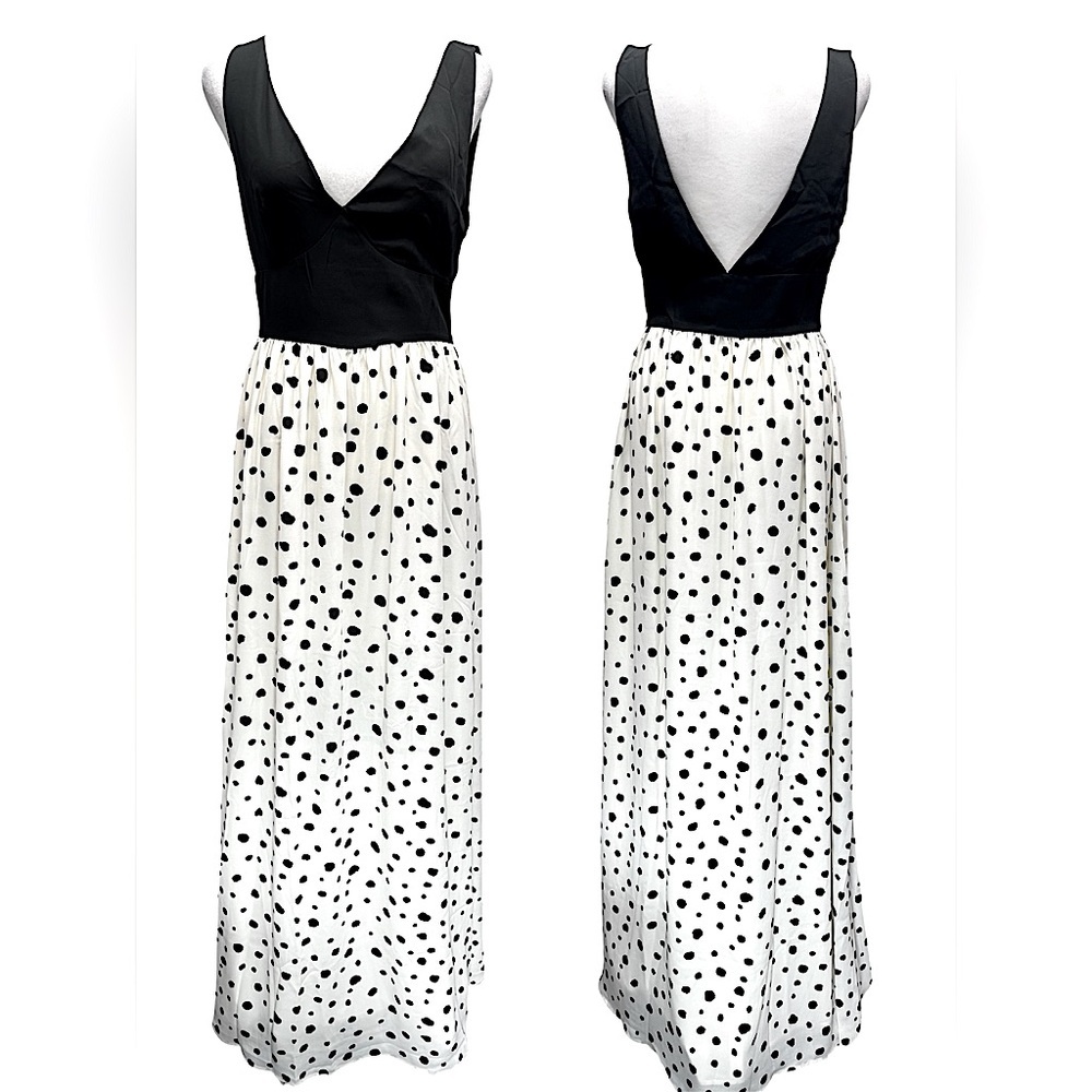 Papier Black Bodice Cream & Black Polka Dot Skirt Maxi Dress V Neck & Back Small